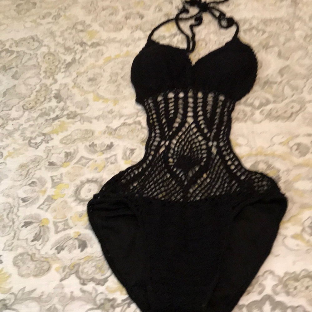 Black crocheted one piece bathing suit